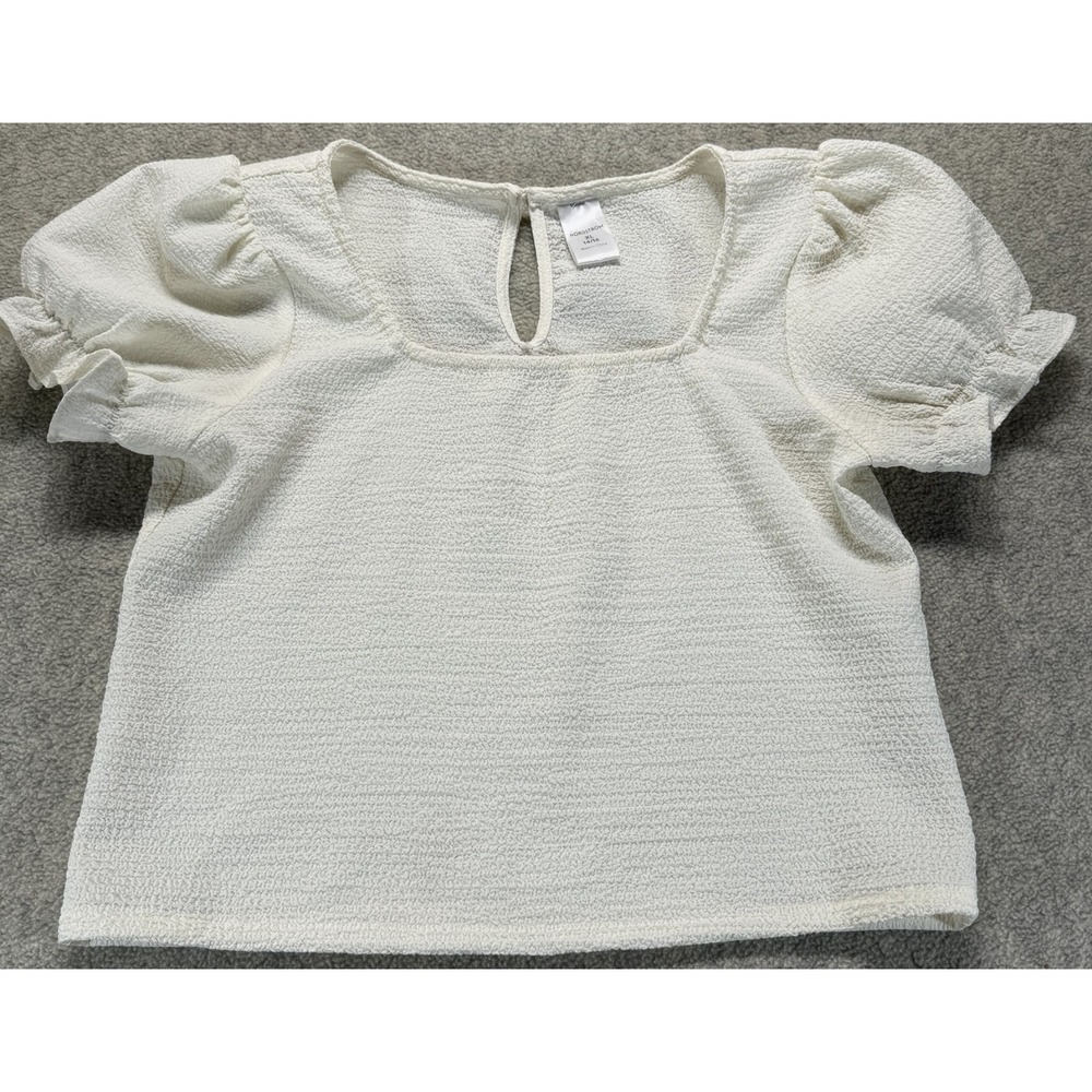 Nordstrom Girls Blouse Top Ivory Ruffle Trim Puff Sleeve Square Neck XL 14/16